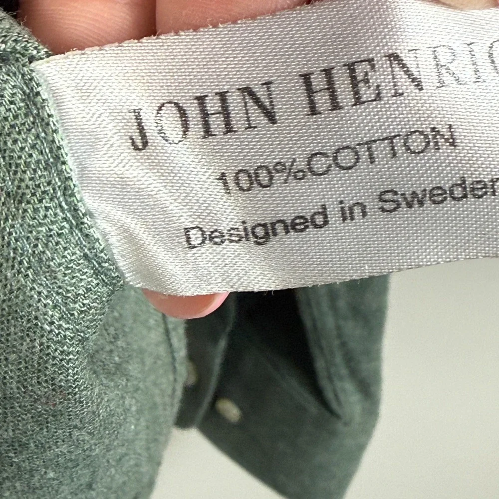 John Henric Shirt Men Small 40-15.5‎ Green Full Zip Long Sleeve Collared Classic
